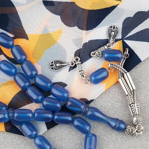 S�kma Kehribar Kaps�l Kesim Alpaka P�sk�ll� 7x11mm Tesbih Mavi