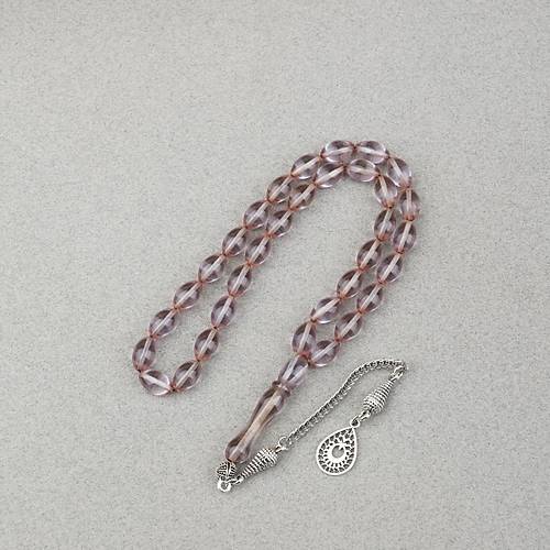 Ate� Kehribar Alpaka P�sk�ll� Beyzi Kesim 7x11mm Tesbih- �effaf Gri