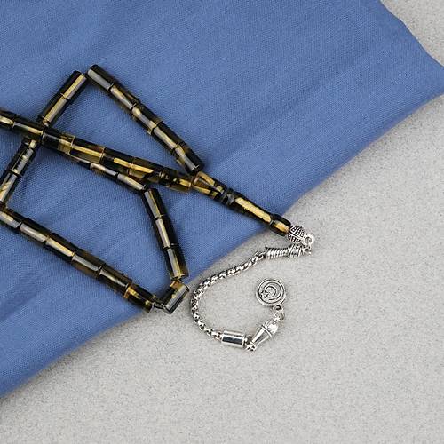 Ate� Kehribar Alpaka P�sk�ll� Kesme Kesim 6x10mm Tesbih - Koyu Sar� - Siyah