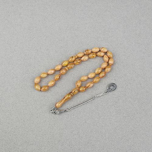 S�kma Kehribar Alpaka P�sk�ll� Beyzi Kesim 7x11mm Tesbih- Krem Sar�