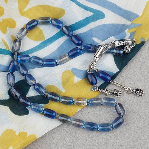 S�kma Kehribar Kaps�l Kesim Alpaka P�sk�ll� 7x11mm Tesbih A��k Mavi