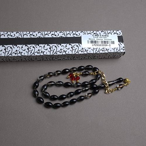S�kma Kehribar Beyzi Kesim Alt�n Renk P�sk�ll� 7x11mm Tesbih Siyah Gri