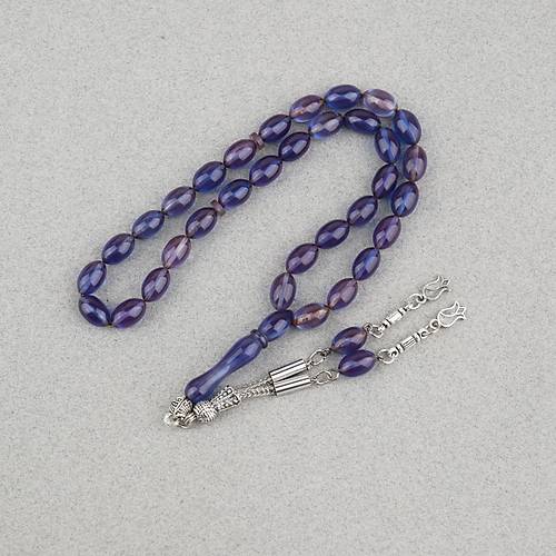 S�kma Kehribar Beyzi Kesim Alpaka P�sk�ll� 7x11mm Tesbih Mavi