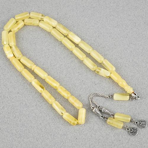 Rus Kaya Damla Kehribar 925Ayar G�m�� P�sk�l Arpa Kesim Kesim 6x14mm Tesbih