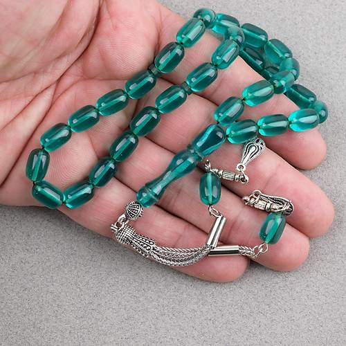 S�kma Kehribar Kaps�l Kesim Alpaka P�sk�ll� 7x11mm Tesbih Ye�il