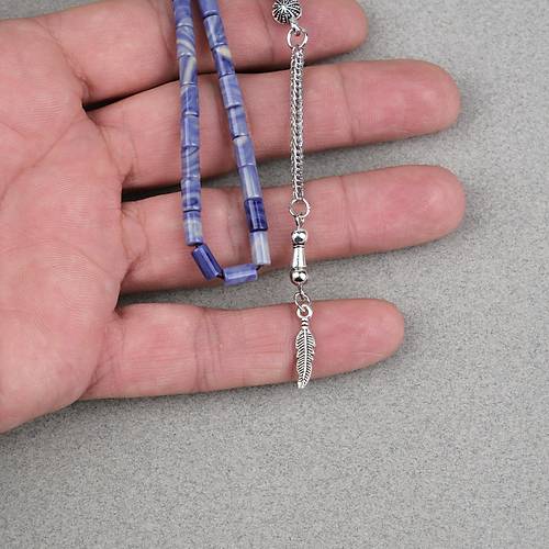 S�kma Kehribar Alpaka P�sk�ll� Kesme Kesim 4x7mm Tesbih- Krem-Mavi