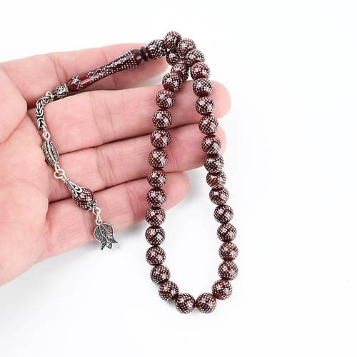 Ate Kehribar 925Ayar Gm akm ve Gm Pskl Bilek Boy Kre Kesim 7.5mm Tesbih -Krmz