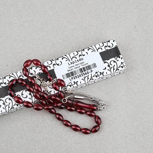 S�kma Kehribar Beyzi Kesim Alpaka P�sk�ll� 7x11mm Tesbih K�rm�z�