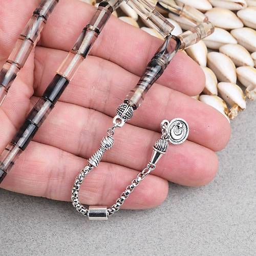 Ate� Kehribar Alpaka P�sk�ll� Kesme Kesim 6x10mm Tesbih - Gri