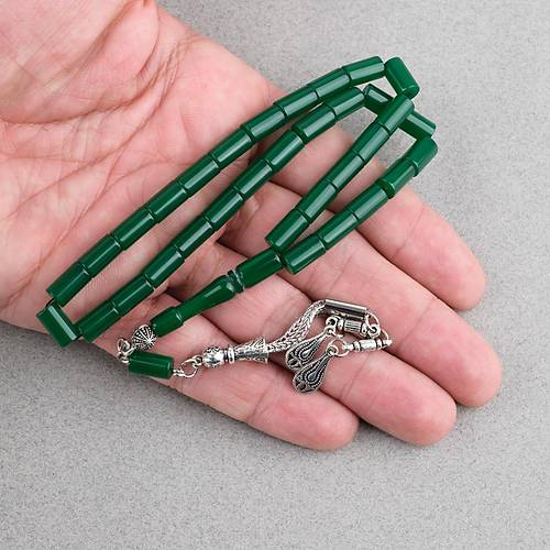 S�kma Kehribar Kesme Kesim Alpaka P�sk�ll� 6x10mm Tesbih Ye�il