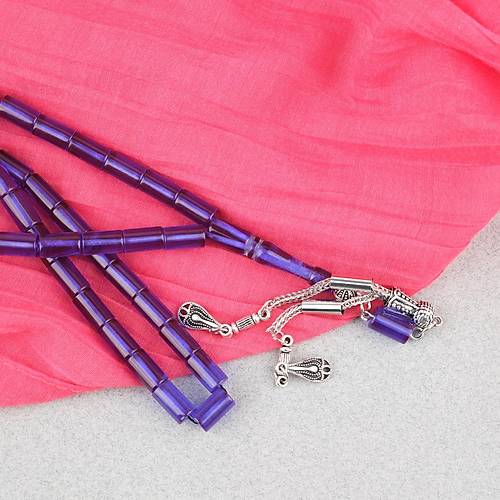 S�kma Kehribar Kesme Kesim Alpaka P�sk�ll� 6x10mm Tesbih Koyu Mavi