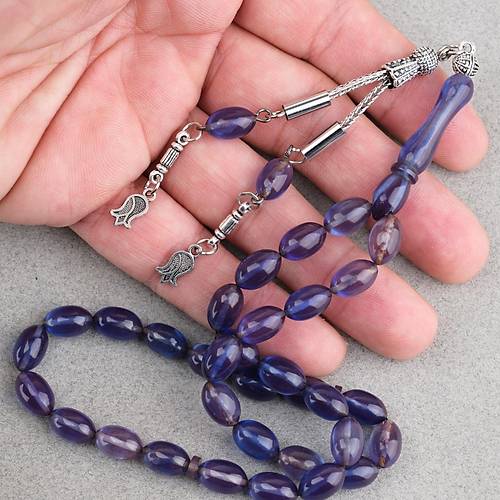 S�kma Kehribar Beyzi Kesim Alpaka P�sk�ll� 7x11mm Tesbih Mavi
