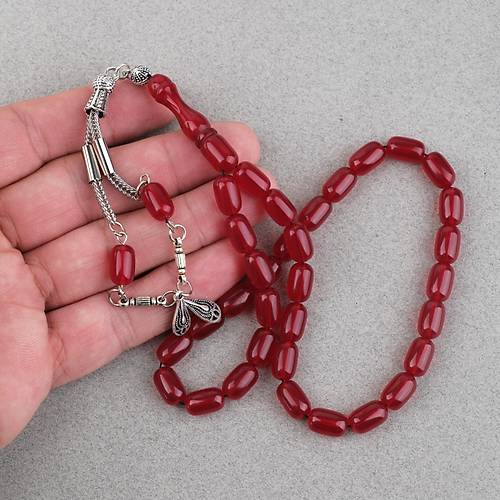 S�kma Kehribar Kaps�l Kesim Alpaka P�sk�ll� 7x11mm Tesbih K�rm�z�