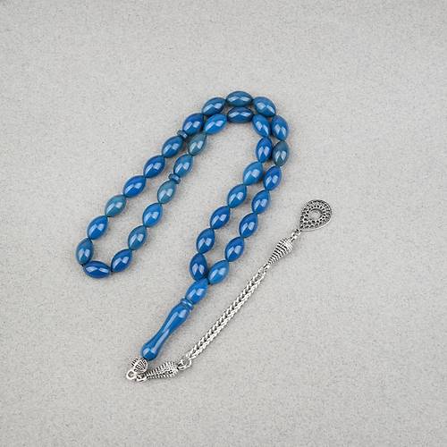 S�kma Kehribar Alpaka P�sk�ll� Beyzi Kesim 7x11mm Tesbih- Petrol Mavisi