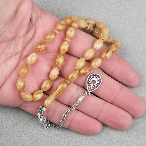 S�kma Kehribar Alpaka P�sk�ll� Beyzi Kesim 7x11mm Tesbih- Krem Sar�