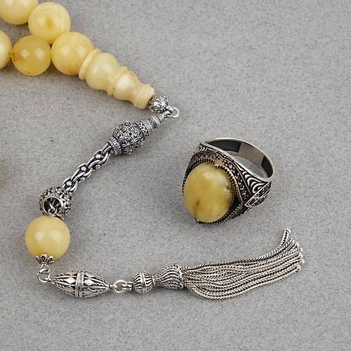 Kaya Damla Kehribar  925 Ayar G�m�� P�sk�l K�re Kesim 13mm Tesbih ve G�m�� Kehribar Y�z�k Seti