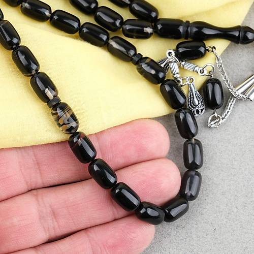 S�kma Kehribar Kaps�l Kesim Alpaka P�sk�ll� 7x11mm Tesbih Siyah