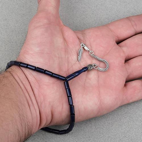 S�kma Kehribar Alpaka P�sk�ll� Kesme Kesim 4x7mm Tesbih- Lacivert