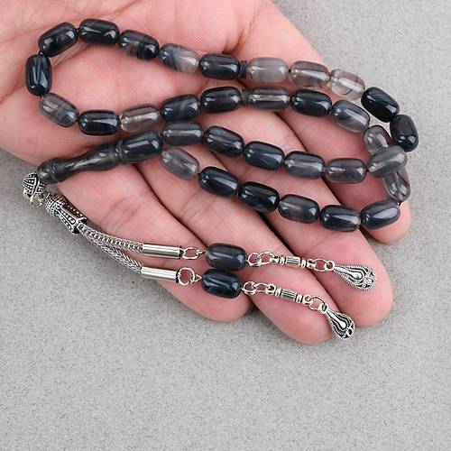 S�kma Kehribar Kaps�l Kesim Alpaka P�sk�ll� 7x11mm Tesbih Gri