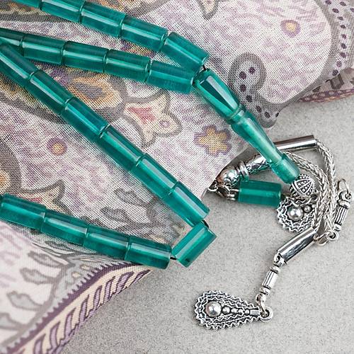 S�kma Kehribar Kesme Kesim Alpaka P�sk�ll� 6x10mm Tesbih A��k Ye�il