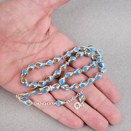 G�m�� Kaplama Kafesli Mine Beyzi 7x9mm Tesbih -Mavi Sar�