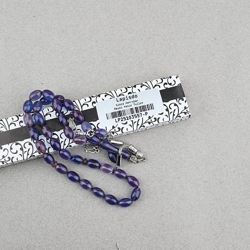 S�kma Kehribar Beyzi Kesim Alpaka P�sk�ll� 7x11mm Tesbih Mavi