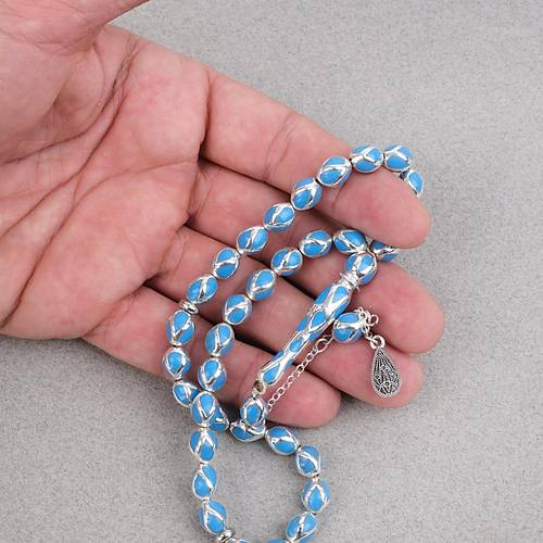 G�m�� Kaplama Kafesli Mine Beyzi 7x9mm Tesbih -Mavi