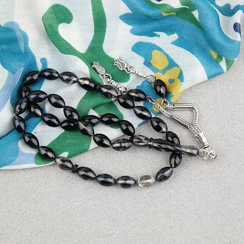S�kma Kehribar Beyzi Kesim Alpaka P�sk�ll� 7x11mm Tesbih Siyah Gri