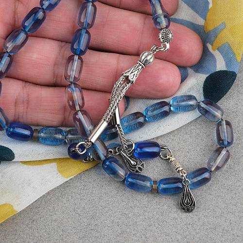 S�kma Kehribar Kaps�l Kesim Alpaka P�sk�ll� 7x11mm Tesbih A��k Mavi