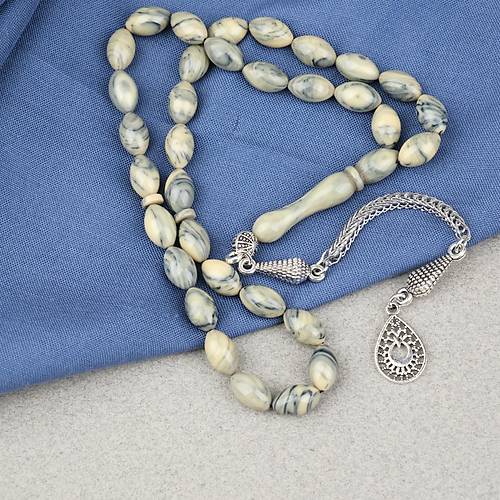 S�kma Kehribar Alpaka P�sk�ll� Beyzi Kesim 7x11mm Tesbih- Krem Ye�il