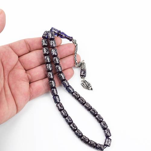 Ate Kehribar 925Ayar Gm akm ve Gm Pskl Kapsl Kesim 8x10mm Tesbih - Mavi