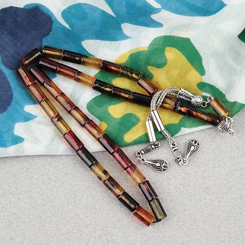 S�kma Kehribar Kesme Kesim Alpaka P�sk�ll� 6x10mm Tesbih Sar� K�rm�z�