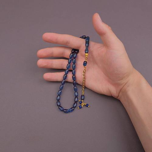 S�kma Kehribar Kaps�l Kesim Alt�n Renk P�sk�ll� 7x11mm Tesbih Mavi