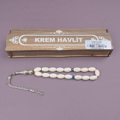 Krem Havlit Do�al Ta� Maskot Uzun Arpa Kesim 8x15mm Tesbih Kahverengi Ah�ap Kutulu