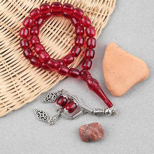 Ate� Kehribar Ayy�ld�z ��lemeli �mame Kaps�l Kesim 9x11mm Tesbih - K�rm�z�