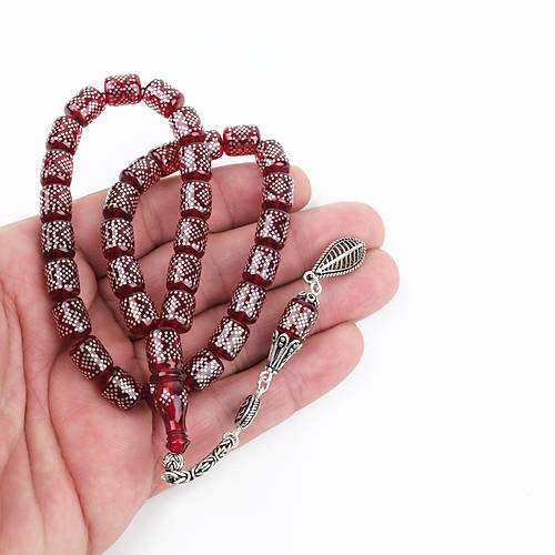 Ate Kehribar 925Ayar Gm akm ve Gm Pskl Kapsl Kesim 8x10mm Tesbih - Krmz