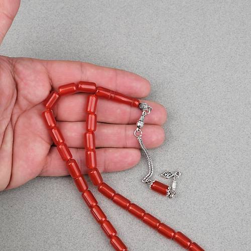 S�kma Kehribar Alpaka P�sk�ll� Kaps�l Kesim 7x11mm Tesbih - K�rm�z�