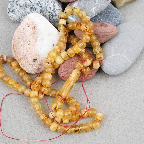 Damla Kehribar 99luk Tekerlek Kesim 6.5x5mm Namez Tesbihi