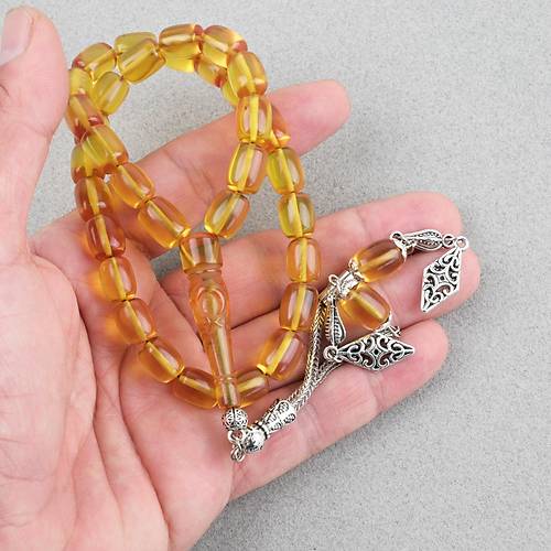 Ate� Kehribar Ayy�ld�z ��lemeli �mame Kaps�l Kesim 9x11mm Tesbih - Sar�