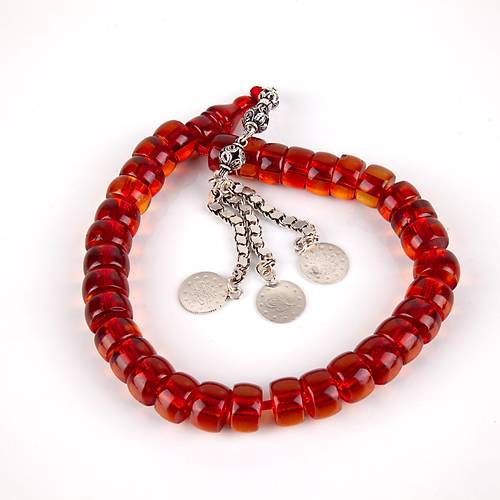 Osmanl Ate Kehribar 1900'ler Dnem i 925 Ayar Gm Pskl F Kesim 14x8mm Tesbih