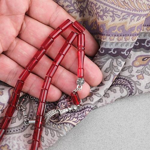Ate� Kehribar Kesme Kesim Alpaka P�sk�ll� 6x10mm Tesbih K�rm�z�
