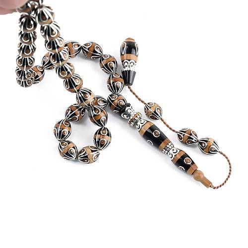 Erzurum Oltu 925Ayar Gm leme ve Kuka lemeli , Nakka mame Beyzi Kesim 9x11.5mm Tesbih