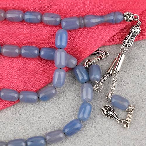 S�kma Kehribar Kaps�l Kesim Alpaka P�sk�ll� 7x11mm Tesbih G�k Mavisi