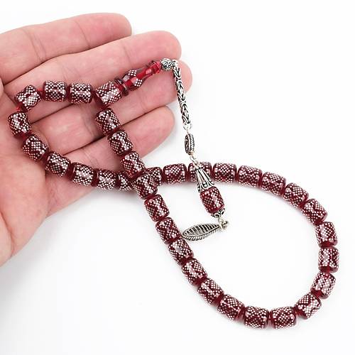 Ate Kehribar 925Ayar Gm akm ve Gm Pskl Kapsl Kesim 8x10mm Tesbih - Krmz