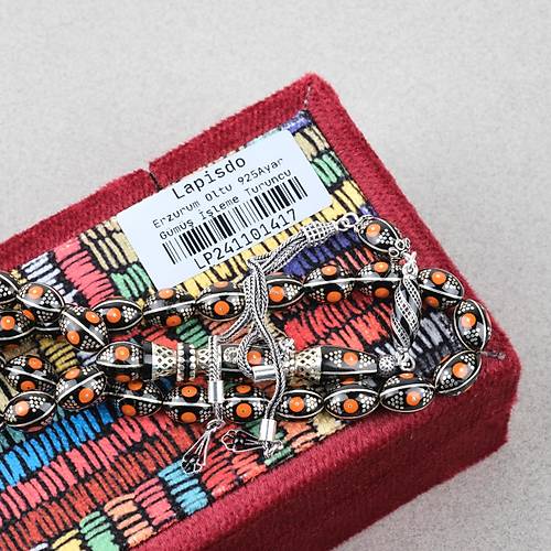 Erzurum Oltu 925Ayar Gm Katalin lemeli Nakka mame Beyzi Kesim 8x11mm Tesbih -Turuncu