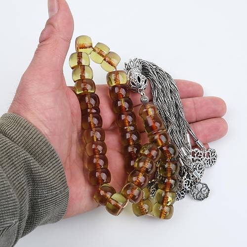 Kadim Necef Baga ran 925Ayar Ar Gm Pskl F Kesim 14.5x9.5mm Tesbih - effaf Zeytin Yeili