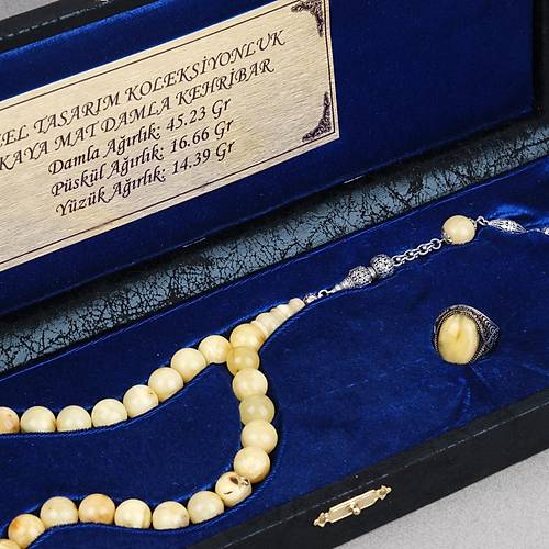 Kaya Damla Kehribar  925 Ayar G�m�� P�sk�l K�re Kesim 13mm Tesbih ve G�m�� Kehribar Y�z�k Seti