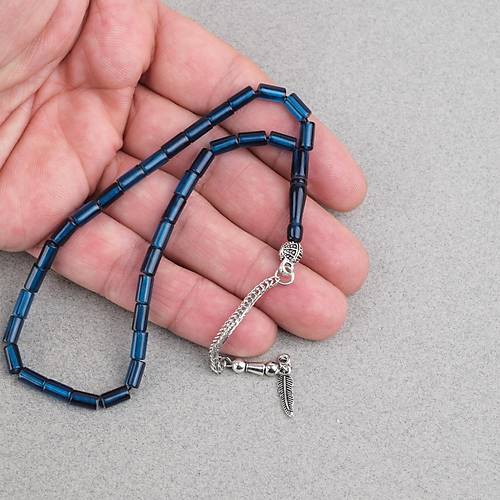 Ate� Kehribar Alpaka P�sk�ll� Kesme Kesim 4x7mm Tesbih- Koyu Petrol Mavisi