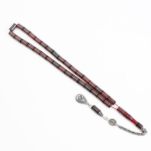 Ate Kehribar 925Ayar Gm akm ve Gm Pskl Kesme Kesim 5.5x9.5mm Tesbih -Krmz