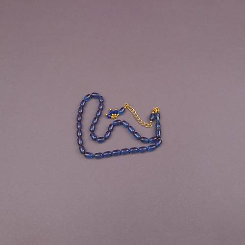 S�kma Kehribar Kaps�l Kesim Alt�n Renk P�sk�ll� 7x11mm Tesbih Mavi